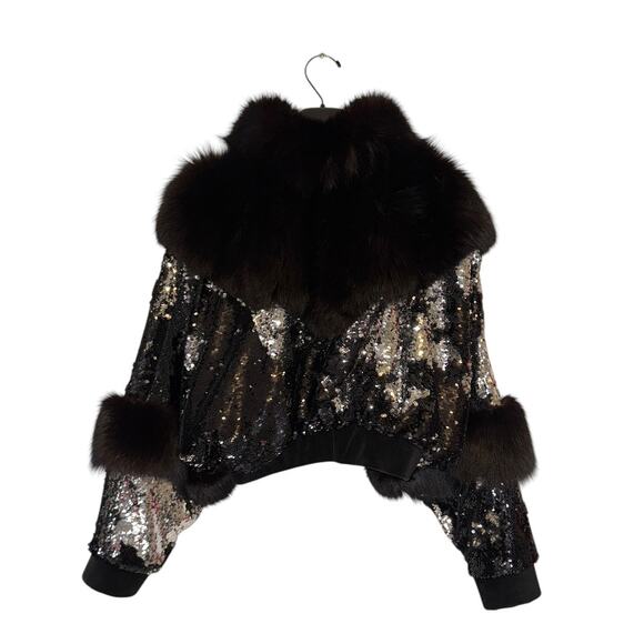 Friends With Money Black Sliver Sequin Fur Trimmed Suede Leather Cropped Jacket